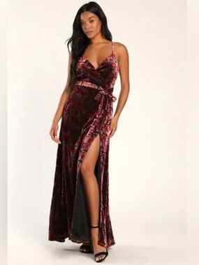 Pretty Companion Mauve and Red Floral Velvet Burnout Maxi Dress